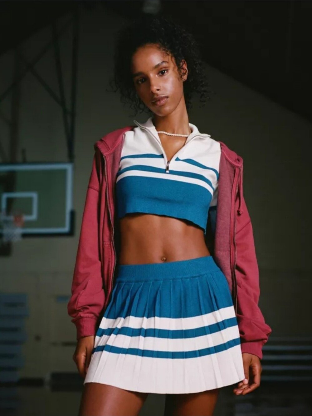 UO Got Served Blue & White Knit Zip Sweater and Pleated Skirt Set. Size M